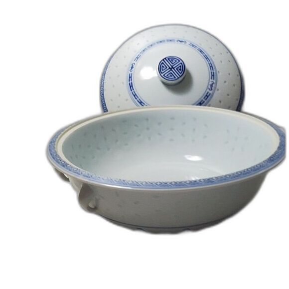 Stunning Chinese Porcelain Rice Eye Grain Covered Vegetable Serving Bowl Vintage - Picture 2 of 6